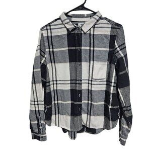 Old Navy Black White Plaid Button-Up Shirt Womens Size L Long Sleeve Soft Cotton